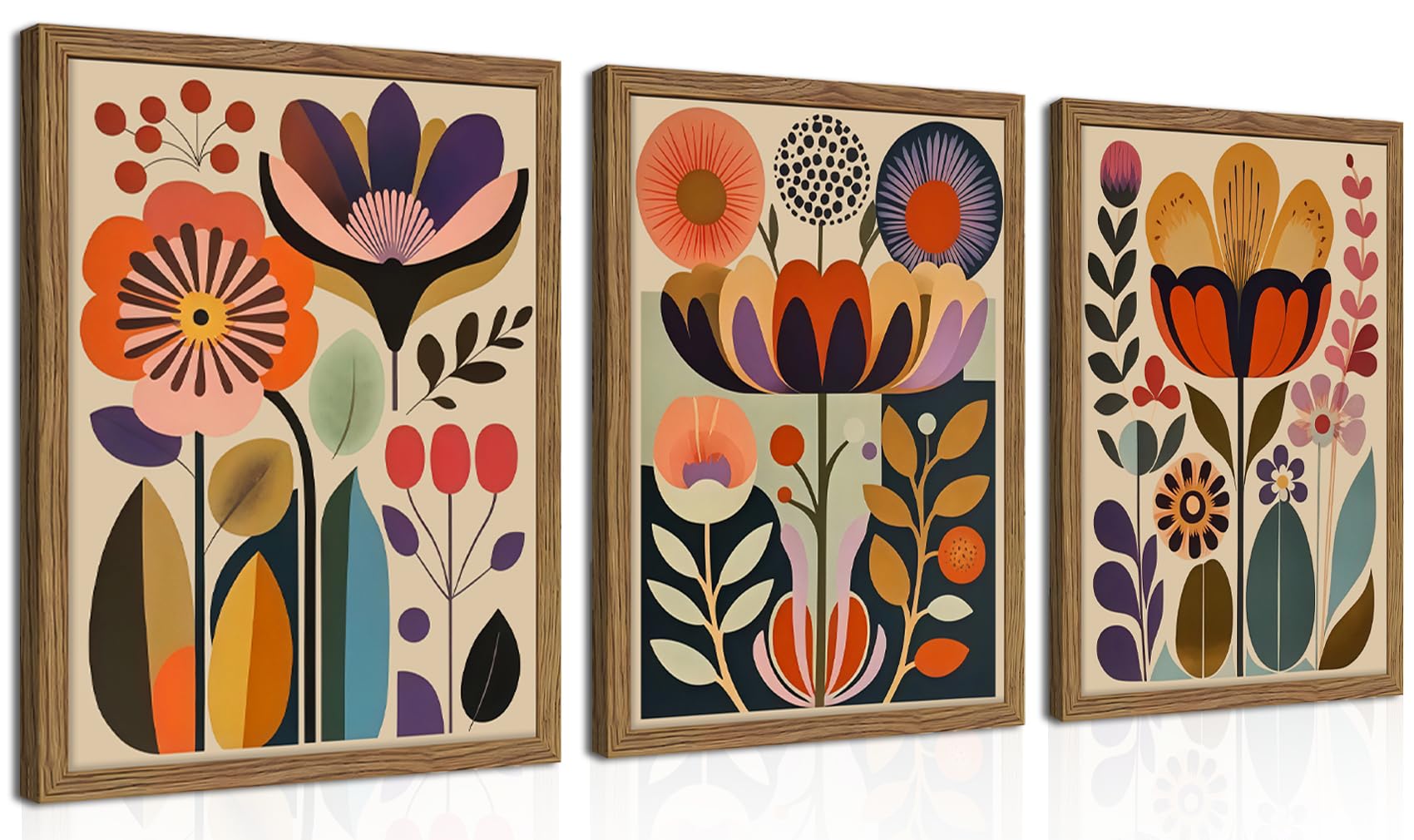 Photo 1 of Framed Colorful Floral Wall Art Set of 3, Abstract Scandinavian Flower Canvas Wall Decor Paintings, Mid Century Modern Botanical Artwork Pictures Prints for Living Room Bedroom Dining Room 12x16 Inch