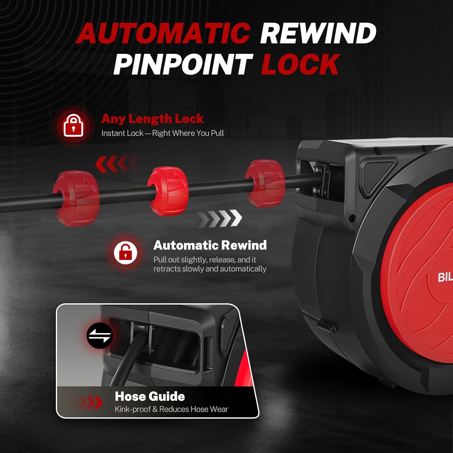 BILITOOLS Retractable Air Hose Reel, 3/8" x 50 ft Hybrid Air Hose Max 300PSI, Enclosed Air Compressor Hose Reel with Smooth Auto Rewind & 5 ft Lead-In Hose, 180° Swivel Wall/Ceiling Mount