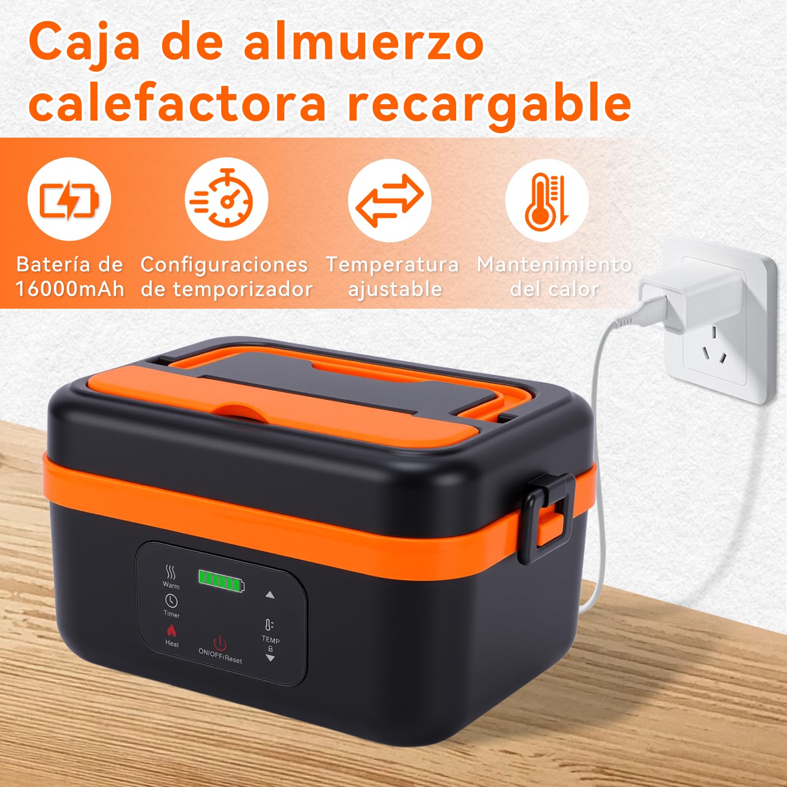 1L fiambrera electrica Calentador de Comida Portátil con Batería 16000mAh | Temporizador, Mantenimiento Calor con Bolsa de Almacenamiento para Cuchara y Para Oficina,Obra,Coche