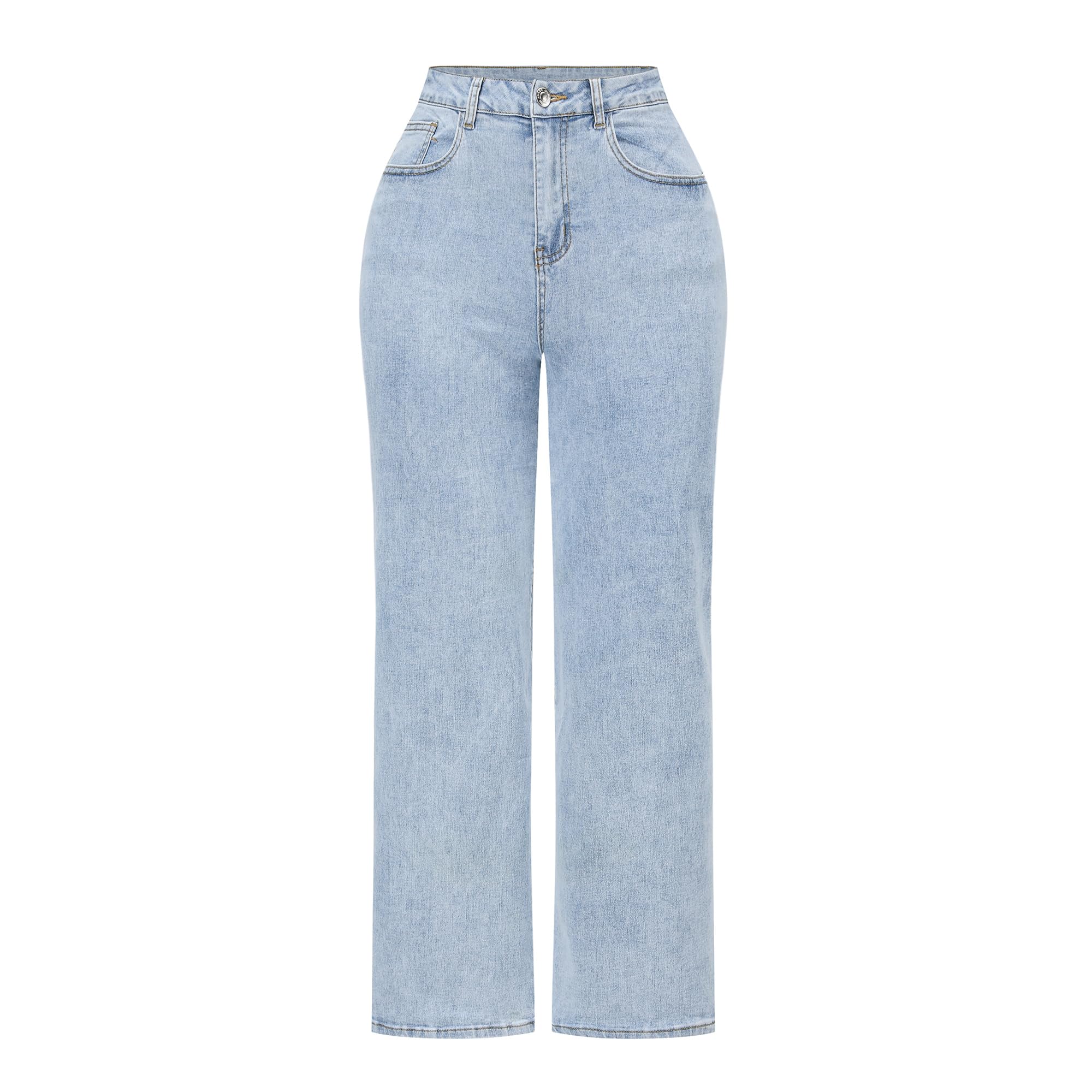 THUNDER STAR Womens High Waisted Wide Leg Jeans Stretchy Distressed Denim Pants