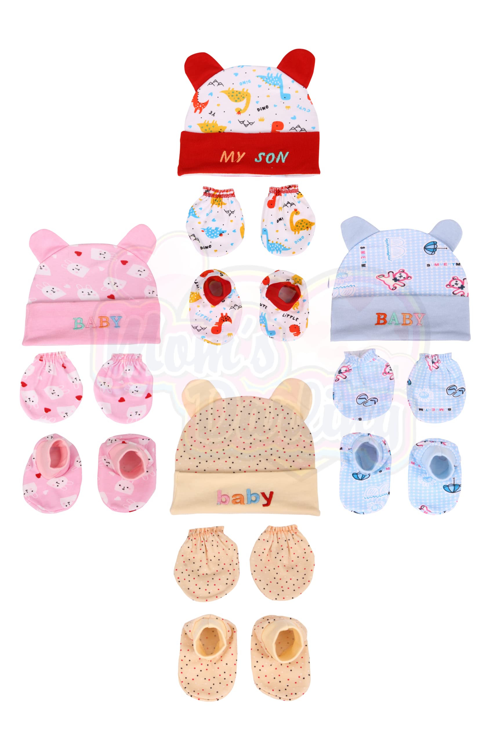 MOM'S Darling Cotton Cap, Mittens and Booties Set for New Born Baby (0-6 Months) - Pack of 4 Pairs for Baby Boy & Girl 0-6 Months| New Born Baby Products | Baby Shower Gift, Cap Set(Multicolor)-picture-44