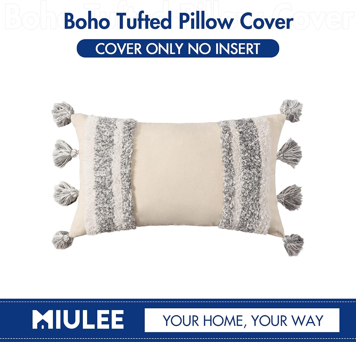 MIULEE Decorative Throw Pillow Cover Tribal Boho Woven Tufted Pillowcase with Tassels Super Pillow Sham Pillowcase Cushion Case for Sofa Couch Bedroom Car Living Room 12X20 Inch Grey