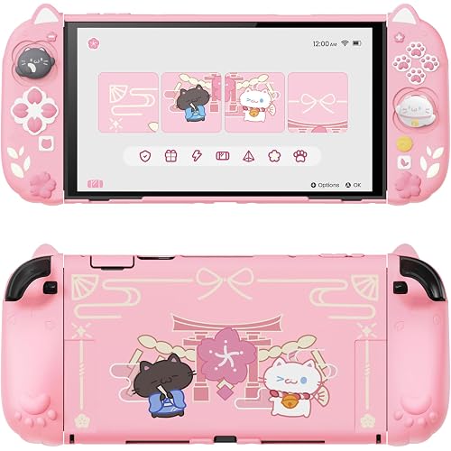 PlayVital Cherry Blossoms Kitten Protective Case for Nintendo Switch 2 with Stand | Cute Cat Ear & Paw Silicone Grips, Dockable Hard Shell, 2 Joystick Caps | Full-Body Protection Cover, Pink