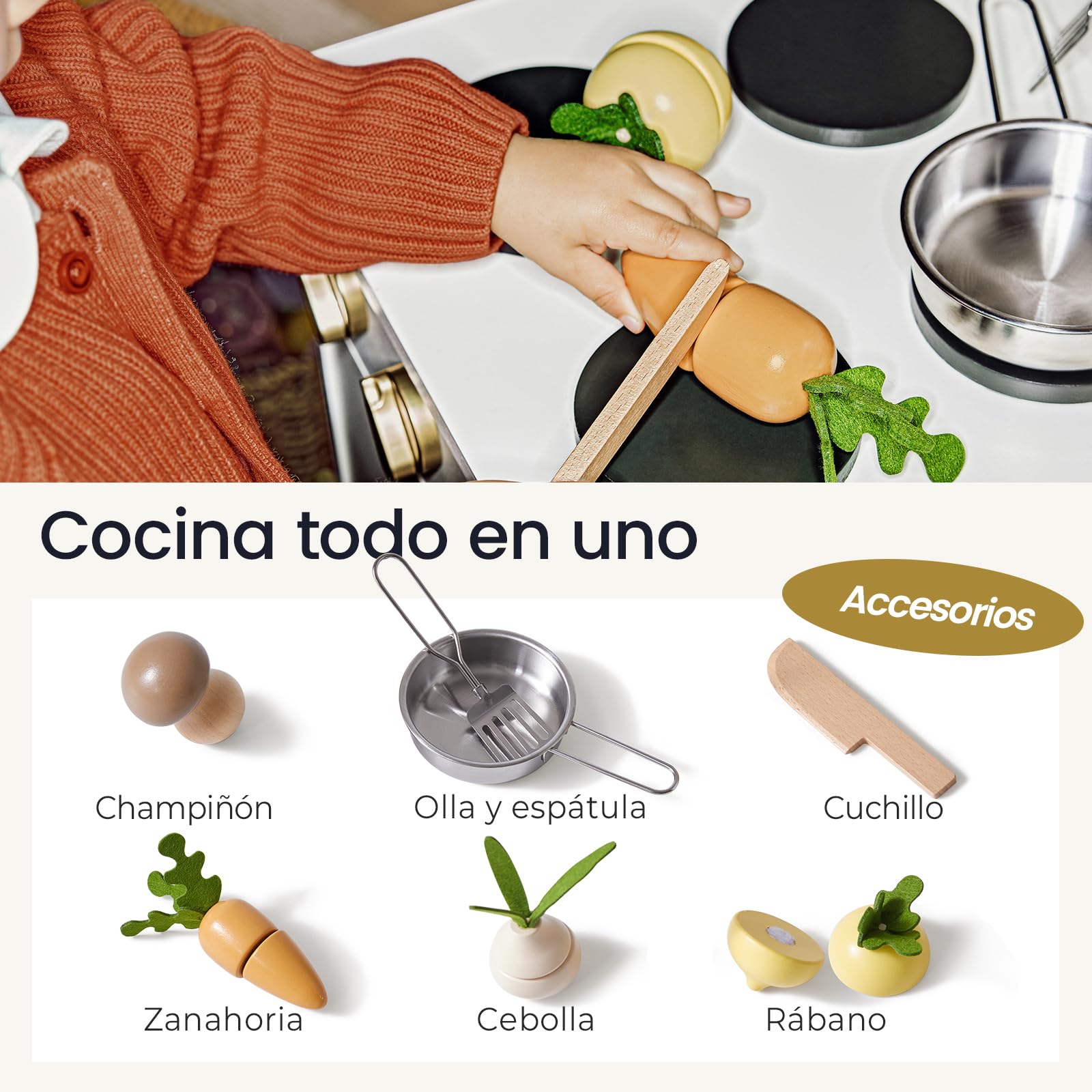 Tiny Land Cocina de juego, set de juego para niños, cocina para niños con set de corte, cocina de madera ETS para niños, niñas y niños