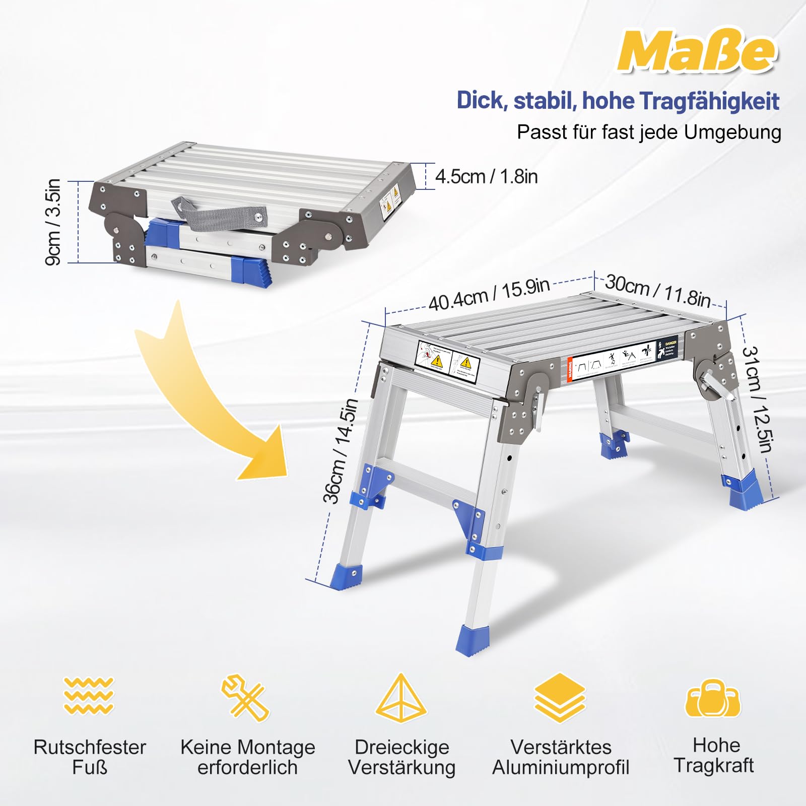 Klappbarer Aluminium Arbeitsplattform, Schwerlast-Tritthocker (Bis 362kg), 3-Fach Höhenverstellbare Trittstufe (30-40 cm), Rutschfester Einstiegstritt/Treppenpodest für Wohnmobil, Garage & Dachbox