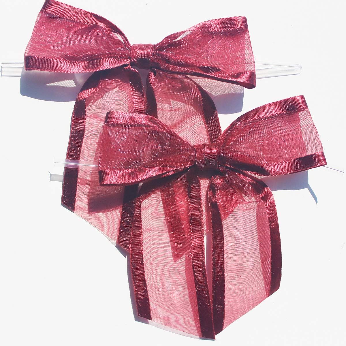 Burgundy Pre-Tied Organza Bows With Twist Ties. Pack of 12 Satin-Edged Fabric Bows Made of 1-1/2" Ribbon. Bow Measures 4" Wide (12, Burgundy)