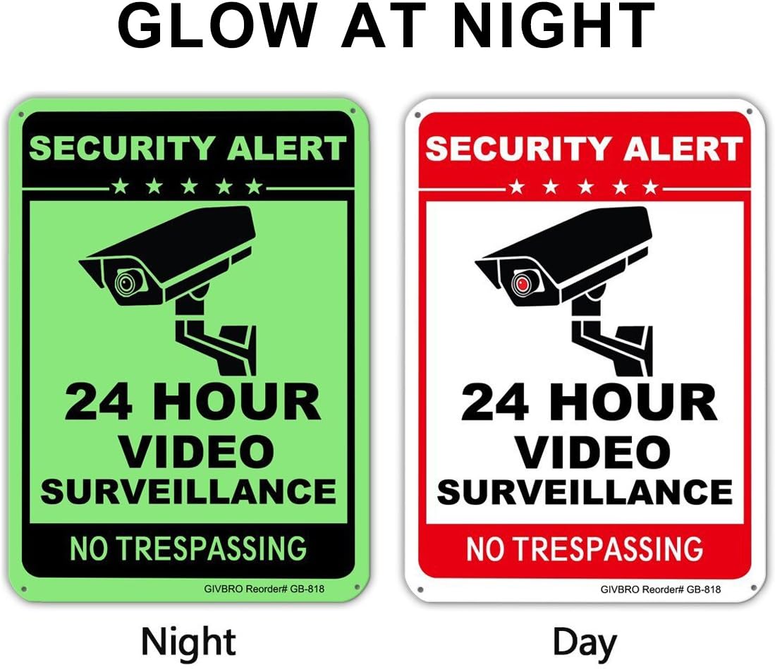 Video Surveillance Sign - [Upgraded 2018] 24 Hour CCTV Security Signs, Aluminum No Trespassing Signs for Home Security Glow-in-The-Dark(40Mil,10" X 14")