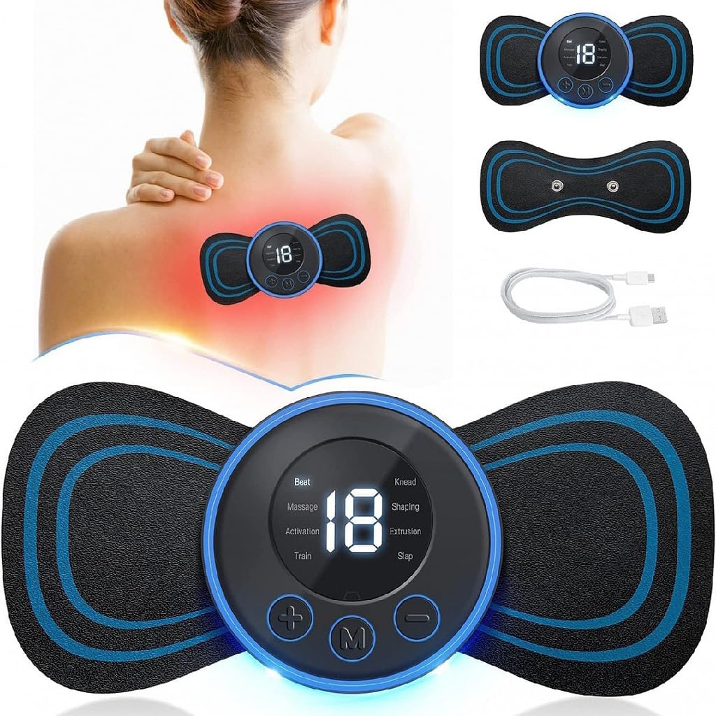 HAUSHUT Electric USB Rechargeable EMS Mini Cervical Vertebra Patch Gel Butterfly Massager Pad Stimulator for Muscle Neck Back Legs Body Pain Relief and Shoulder Relaxing Therapy Machine Tool, Black