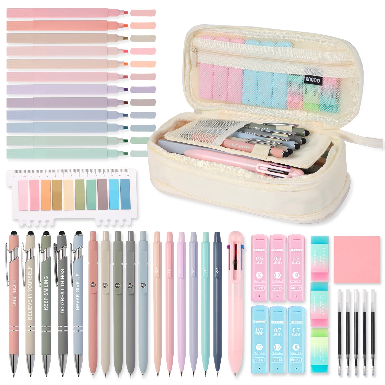 Ästhetisches Schulzubehör mit großem Federmäppchen, 5 inspirierende Kugelschreiber, 12 Pastell-Textmarker, 5 schwarze Gelstifte, 6 Druckbleistifte 0,5–0,7 mm, für Schüler (Beige)