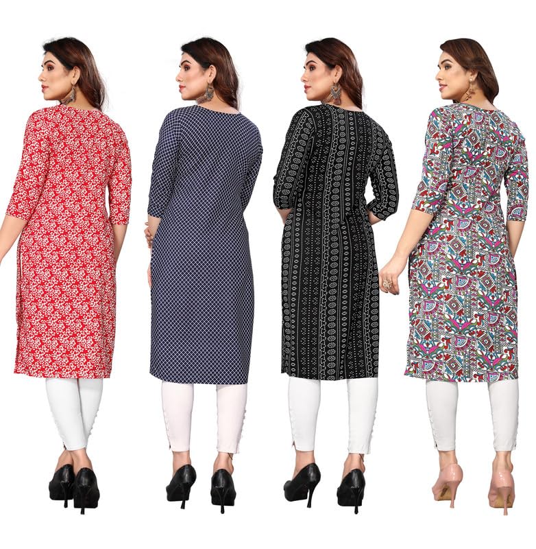 Image of JAKHANA Women's Crepe Printed Casual Straight Calf Length Round Nick Kurta Pack of 4