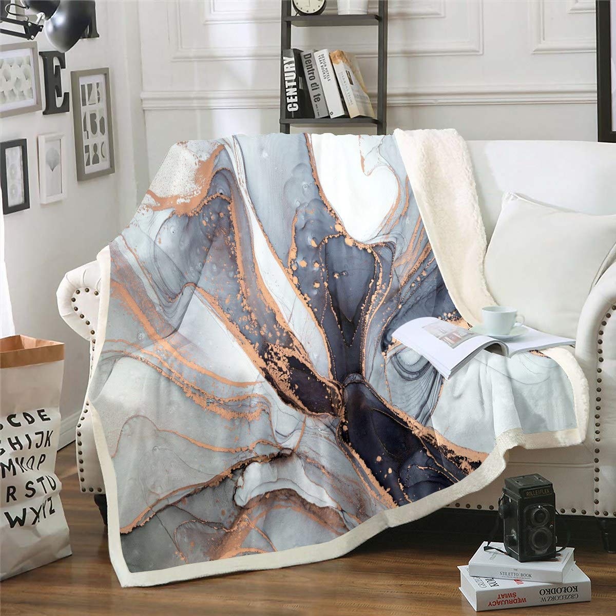 Loussiesd Marble Fleece Throw Blanket Marble for Sofa Bed Abstract Art Sherpa Blanket Novelty Modern Marble Design Room Decor King 87x94 Inch