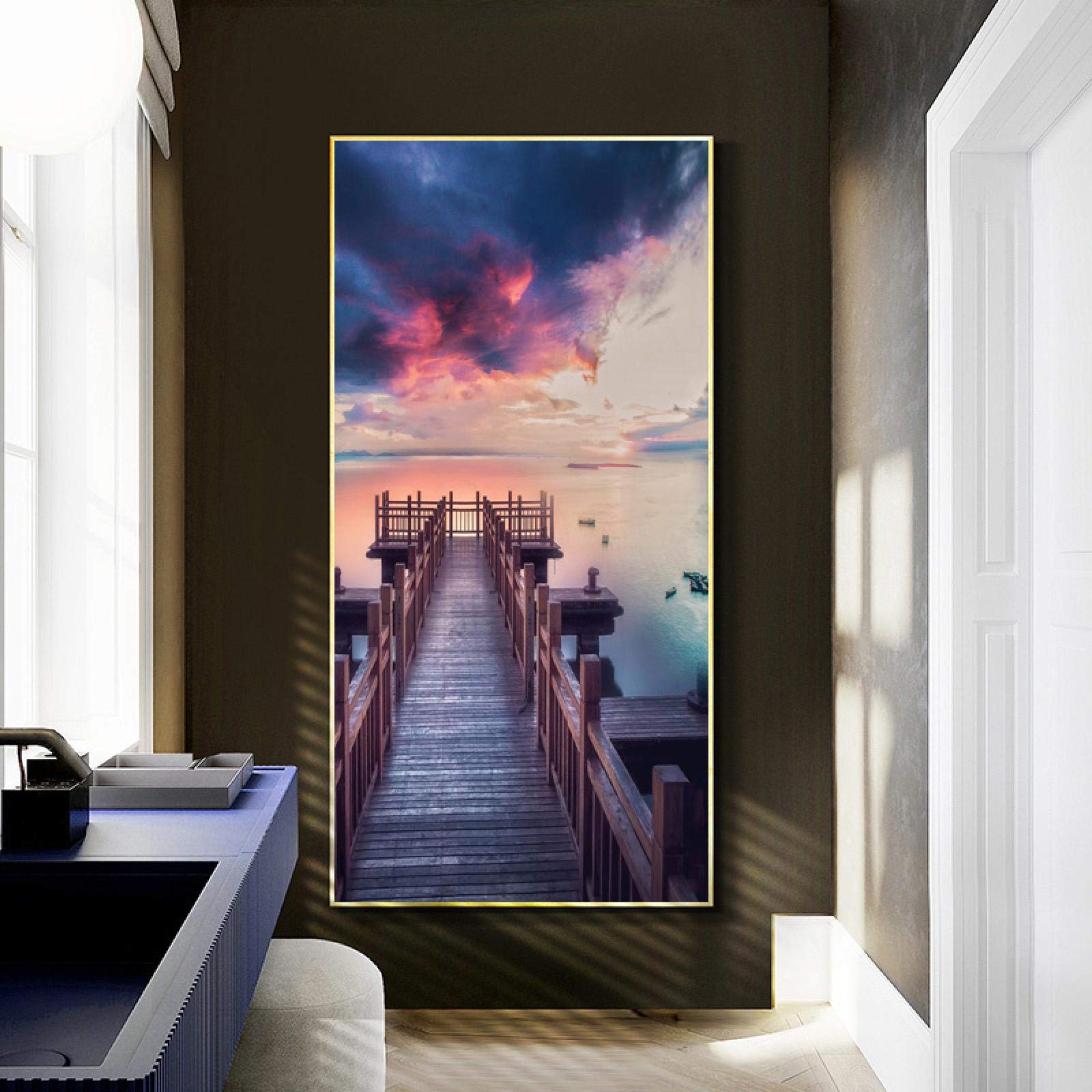 Impresiones en lienzo arte puesta de sol paisaje puente carteles pintura de pared para decoración de sala de estar entrada cuadros decorativos 50x100cm marco interior
