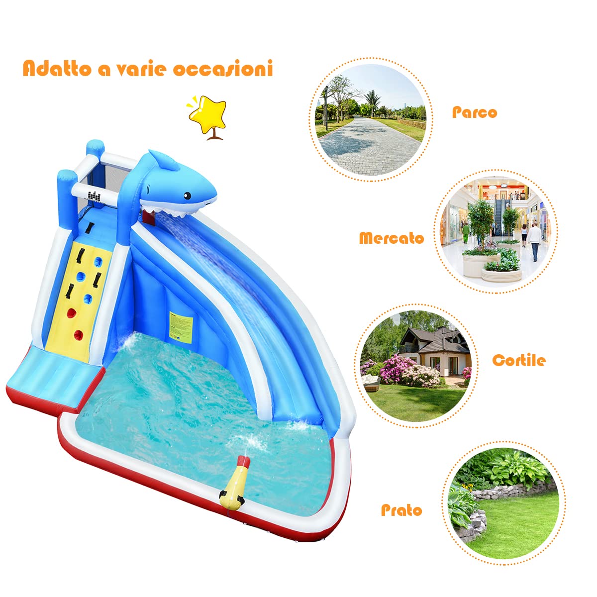 COSTWAY Castello Gonfiabile Per Bambini, Parco Giochi Gonfiabile Con Scivolo, Parete Per Arrampicarsi e Piscina, Ideale Per 4 Bambini 3-8Anni, Con Borsa di Trasporto e Kit di Riparazione