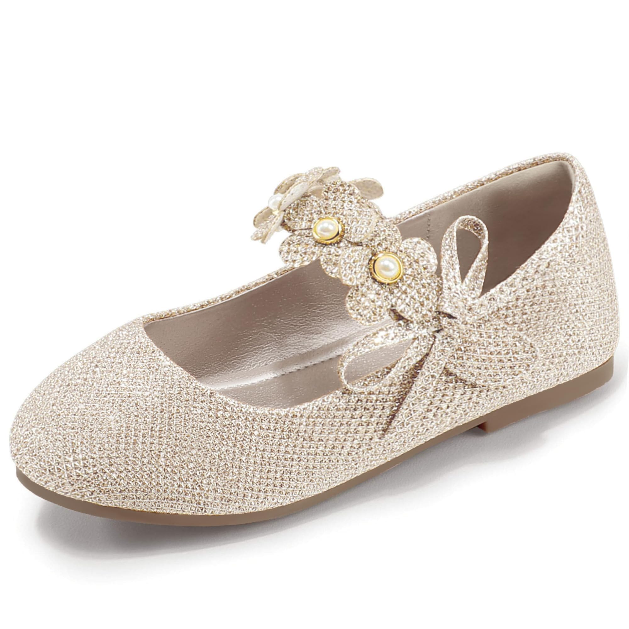 PANDANINJIA Toddler Girls Dress Shoes Flower Girl Flats Pearls Bow Mary Jane Wedding Party Flora Shoes