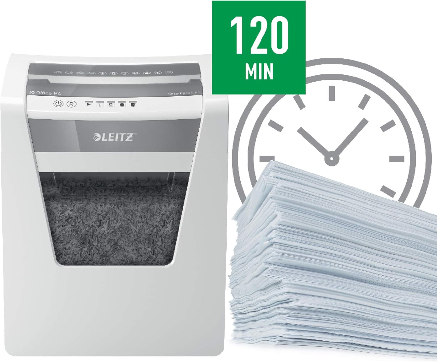 Leitz IQ Office Paper Shredder Fine Cut Security Level P4 Capacity 15 Sheets 23L Waste Bin with Plug CH, White, 80032000