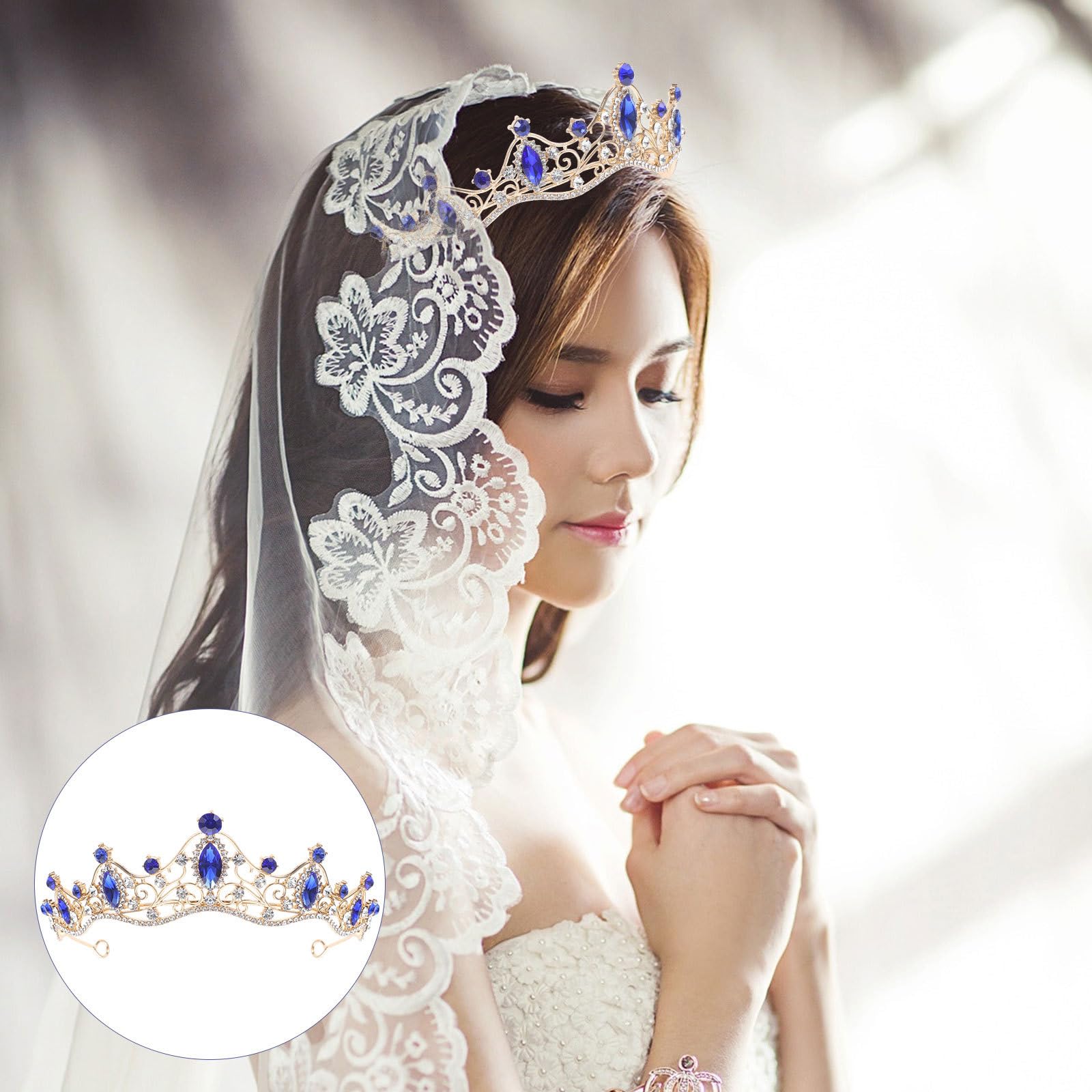 FOMIYES Barock Krone Tiara FüR Damen - Handgefertigte Brautkrone Mit Blauen Steinen, Ideal FüR Hochzeit, Geburtstag, Party, AuffüHrung