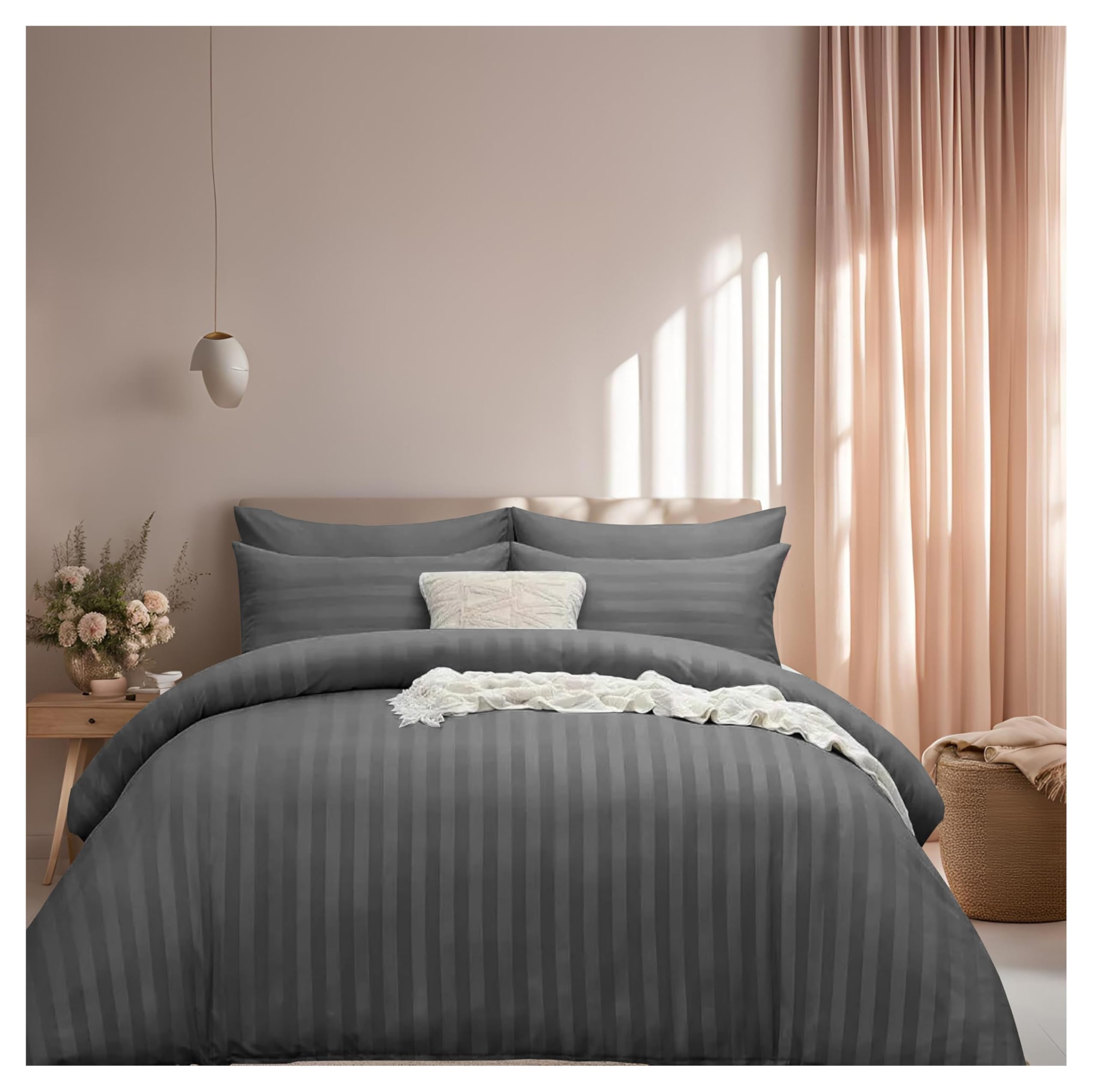 J.Din Single Satin Stripe Duvet Cover Bedding Set & Pillowcase, Charcoal