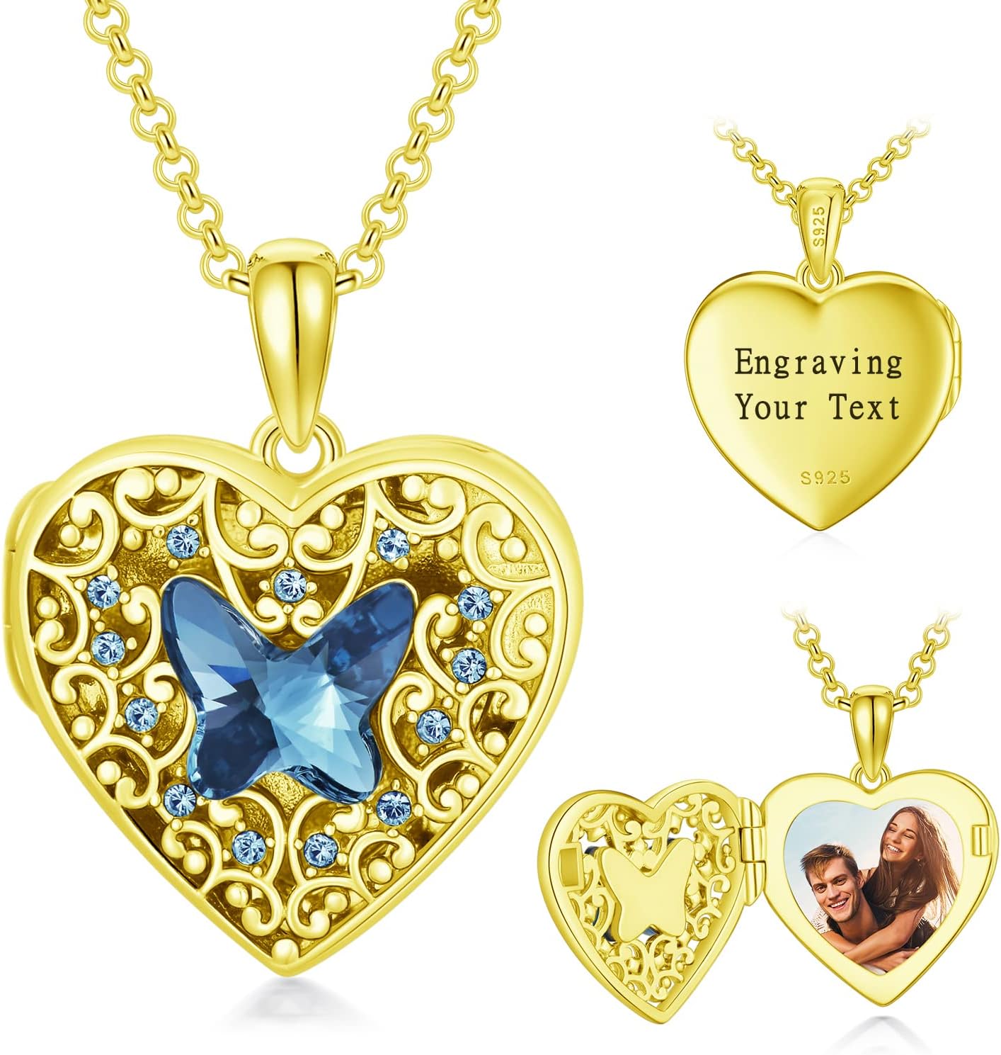 Dorunmo Butterfly Heart Locket Necklace That Holds Pictures Photo Locket Necklace 925 Sterling Silver -Gold Plated