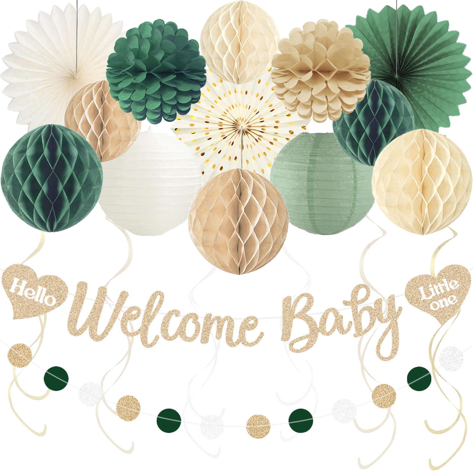Sage Green Baby Shower Decorations Boy, Pre-Strung Welcome Baby Sign with Honeycomb Balls, Paper Flowers, Lanterns, Fans, Hanging Swirls, Circle Dots Garland for Boy Baby Shower Decorations 24pcs