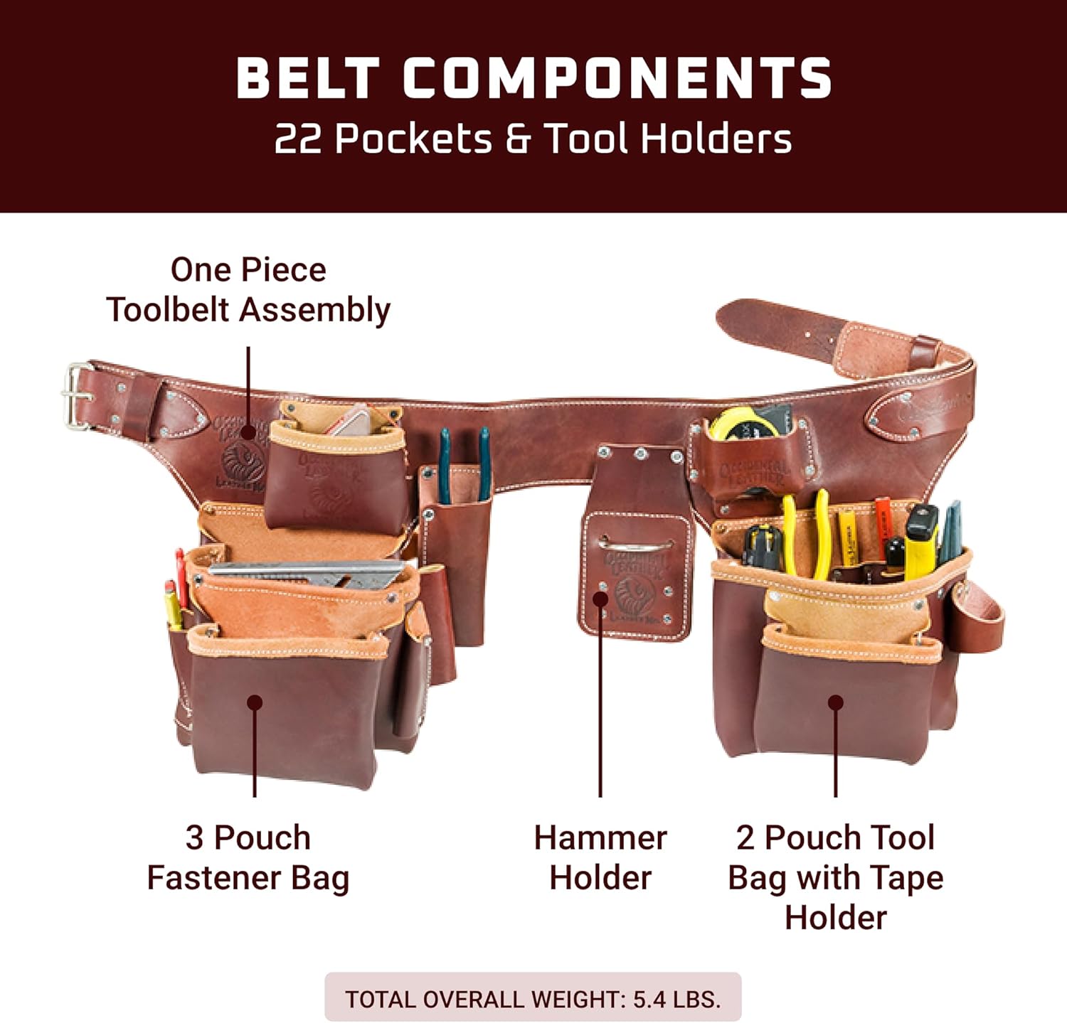 Occidental Leather Pro Carpenter’s 5 Bag Toolbelt Assembly - Medium - 22 Pockets & Tool Holders - Premium Top-Grain Leather - Made in USA