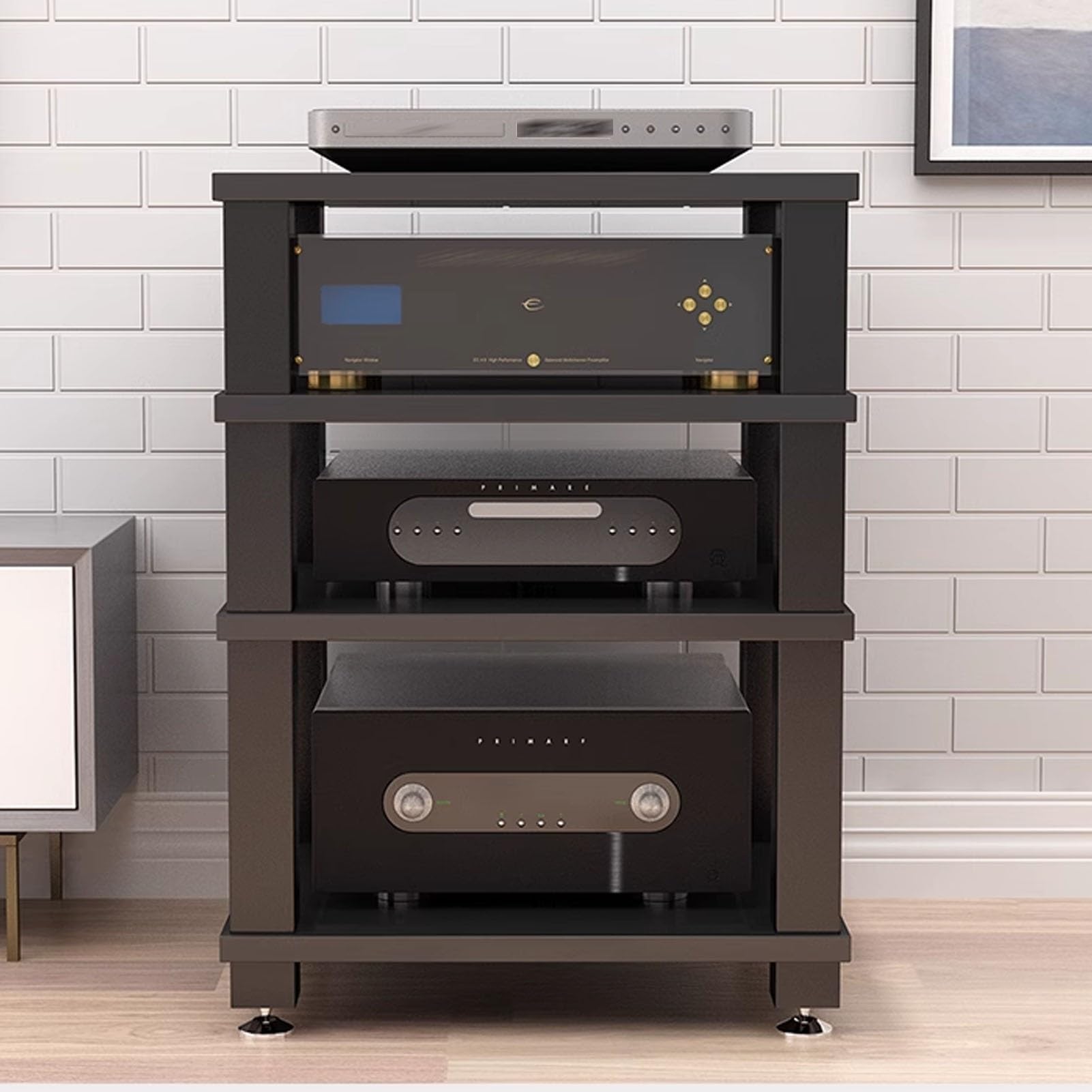 Szafka audio HiFi 4-poziomowy otwarty stojak stereo, stojak centrum rozrywki do telewizora, przechowywanie komponentów AV, czarny, 78,5 cm, idealny do konfiguracji kina domowego