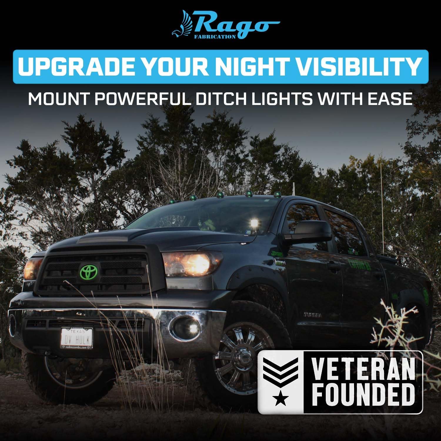 Rago Fabrication Ditch Light Brackets Compatible with Toyota Tundra 2007-2013 - Low Profile Pod Light Mounts - Driver and Passenger Side Hood Hinge Mount Bracket Pair - Made in USA