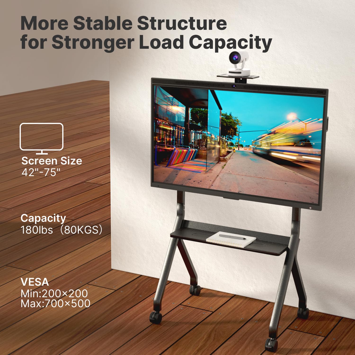 NearHub TC40 Höhenverstellbarer Rollender TV-Ständer für 42-75" | 180 lbs/80 kg Traglast, VESA 200x200mm- 700x500mm | mit Webcam-Halterung &Verriegelbaren Rädern,Für die S Pro Serie Smartboards