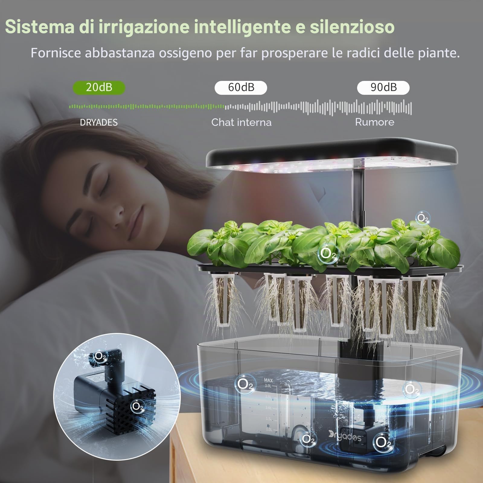 Sistema di coltivazione idroponica con luce a LED a spettro completo, 8 cialde da giardino interno con promemoria per mancanza d'acqua, strumenti per giardinaggio per casa, cucina, scuola
