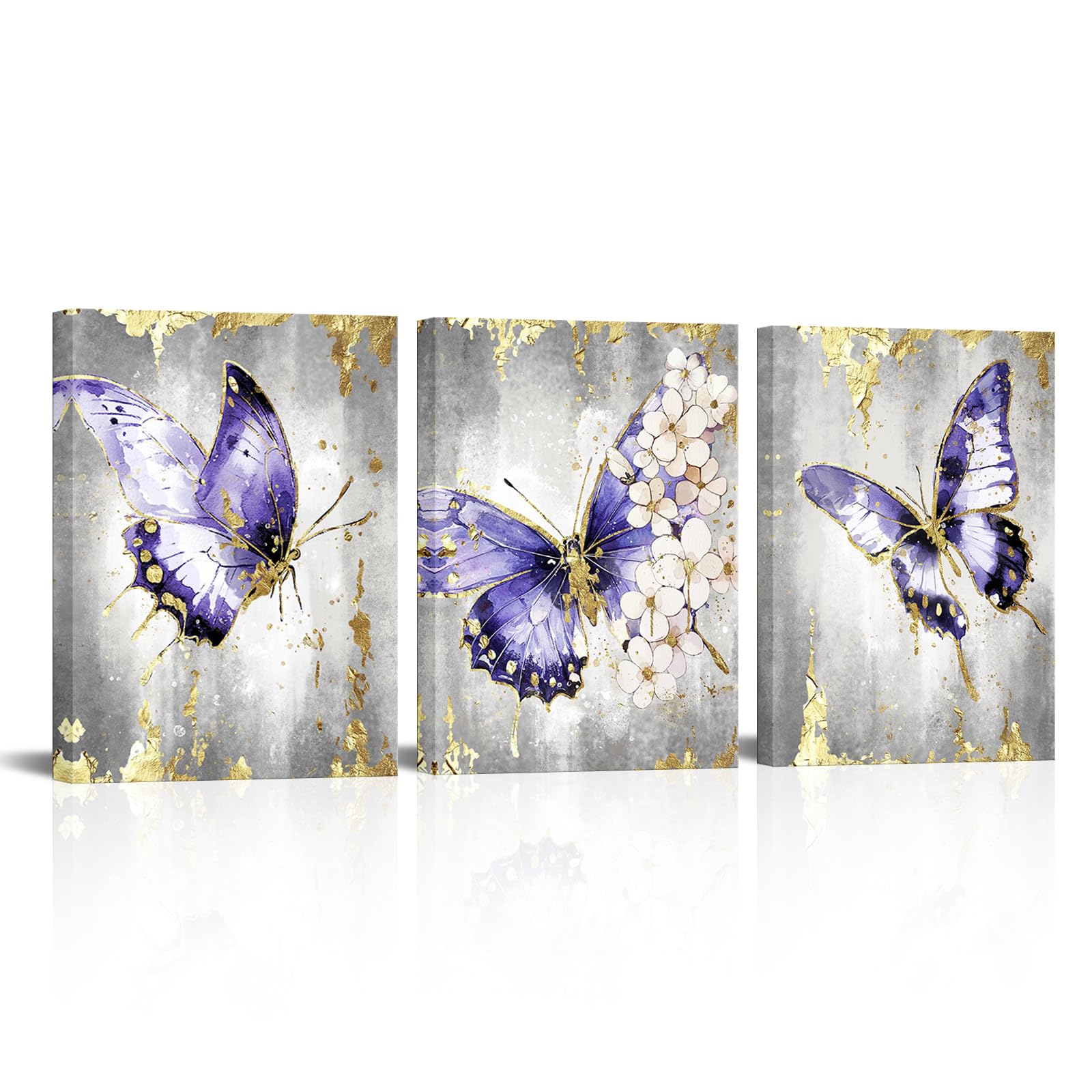 Rustic Purple Butterfly Canvas Wall Art, Country Butterfly Golden Giclee Poster Printing Framed Artwork for Farmhouse Home Bedroom Living Room