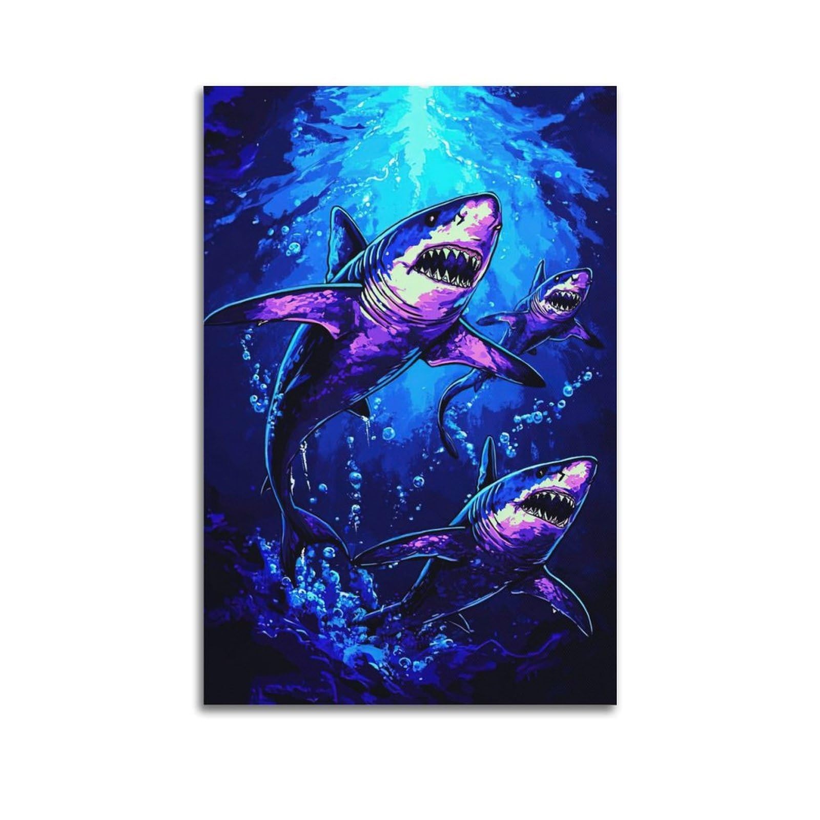 ZSZWHJ Animal Poster Three Sharks in The Ocean Poster Decorative Painting Canvas Wall Posters And Art Picture Print Modern Family Bedroom Decor Posters 12x18inch(30x45cm)