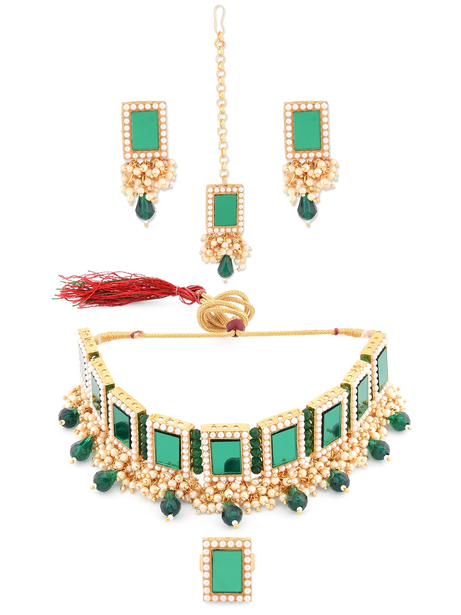 ZAVERI PEARLSGreen Mirror & Cluster Pearls Choker Necklace Earring Maangtikka & Ring Set For Women-ZPFK12145