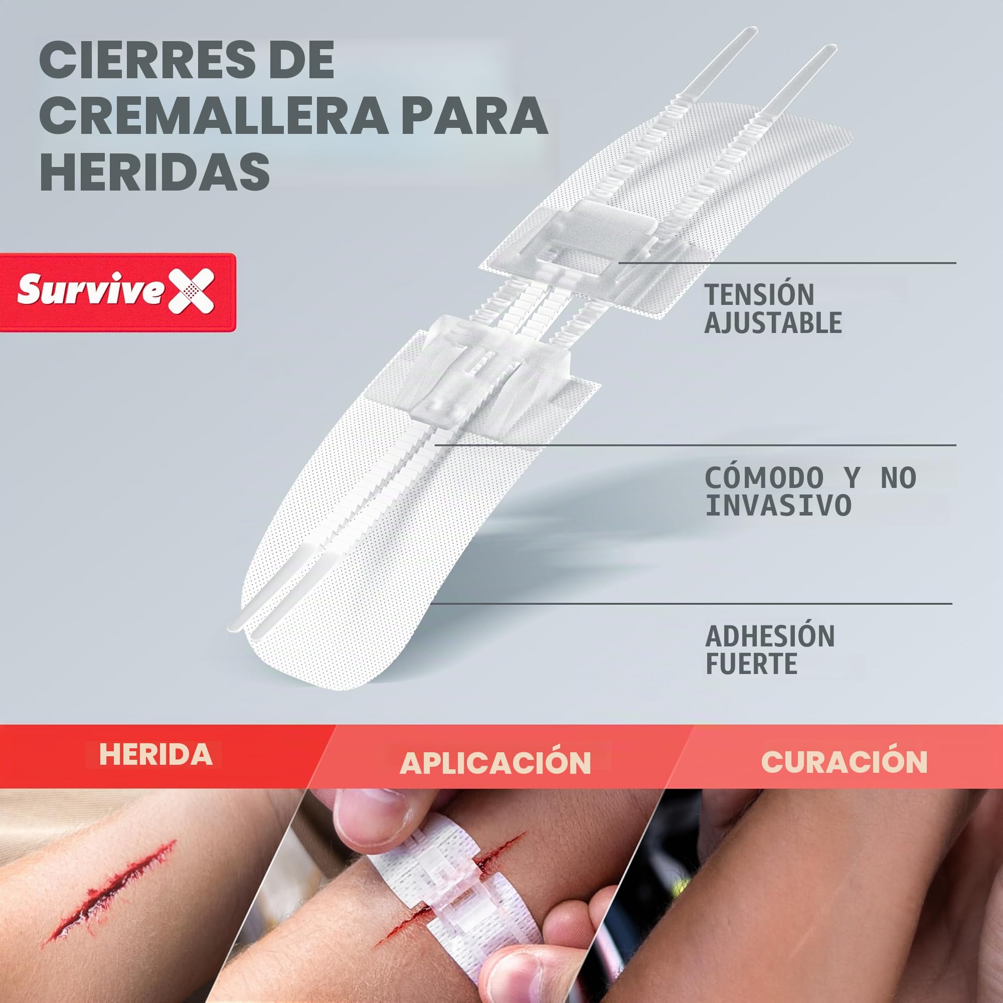SurviveX Kit de cierre de herida de punto de cremallera, no necesita puntadas | Cerrar heridas sin agujas ni puntadas, no invasivo para usuarios sensibles, fácil de usar, tensión ajustable