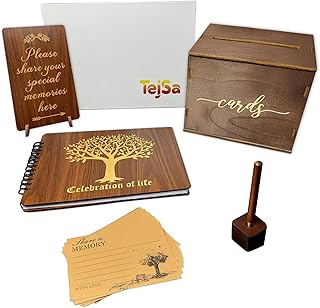 TEJSA Wooden Funeral Guest Book – Memorial Sign-in Book for Funerals & Celebration of Life – Guest Book for Memorial Service – Includes Keepsake Box, Cards, Pen & Sign – Premium Funeral Memory Book