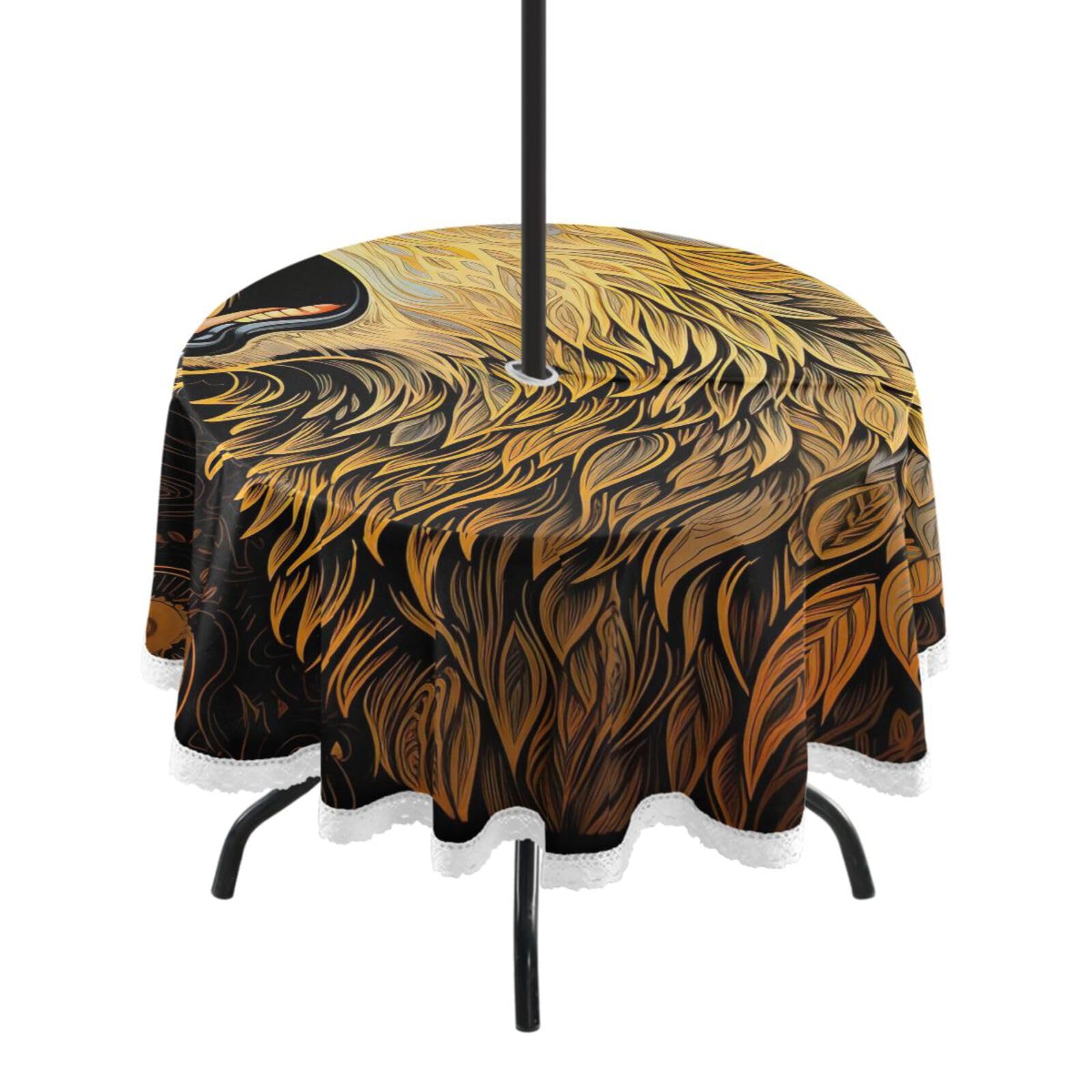 Wajiw 60 Inch Indoor Outdoor Round Tablecloth with Umbrella Hole and Zipper Waterproof Patio Table Cover for Camping Dining Room Party Outdoor Picnic,Wolf