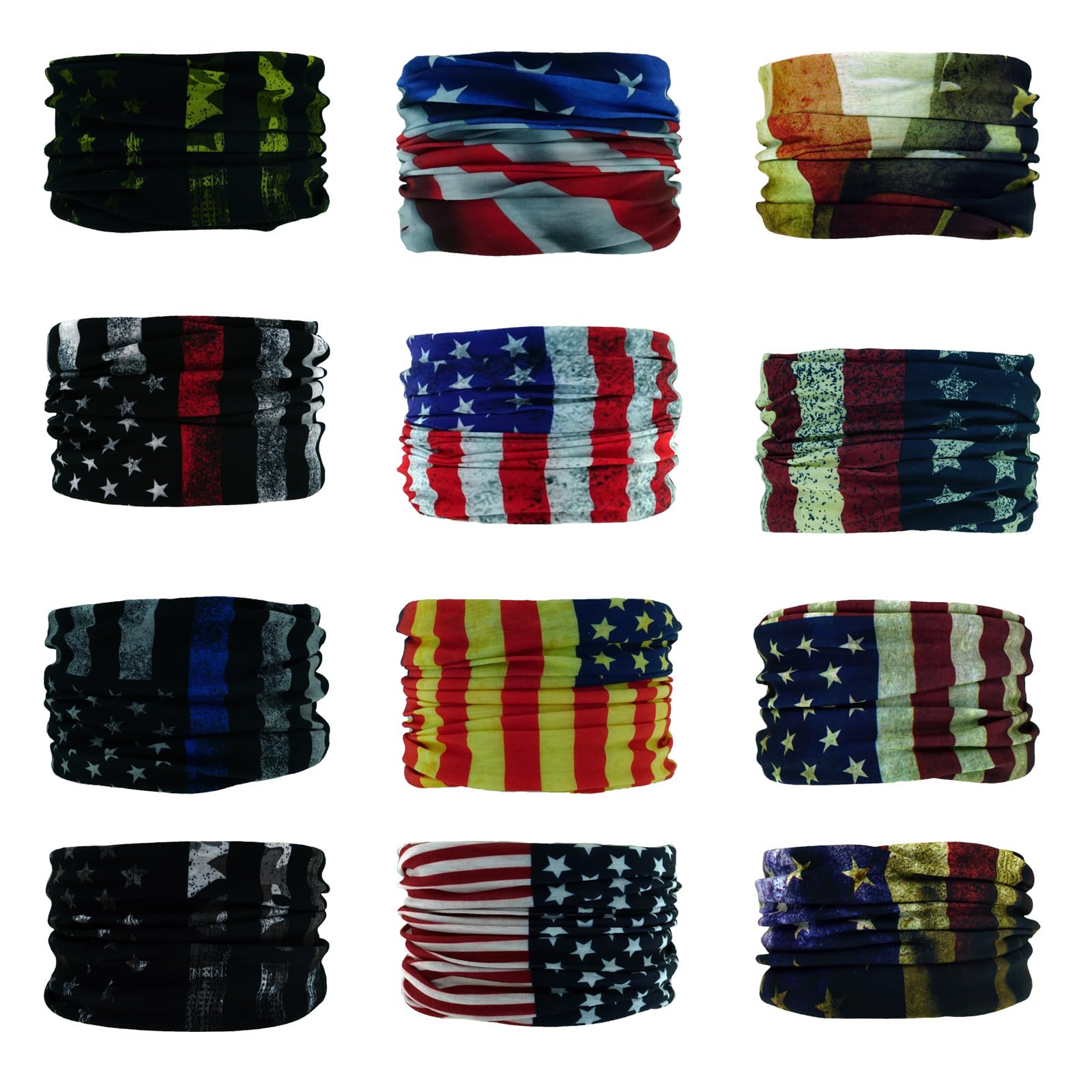 12 Bandanas Polyvalents pour Femmes Hommes Bandeau Cagoule Foulard Visage Demi-Masque Airsoft Paintball Cache-Cou Respirant Réutilisable Lavable Drapeau Américain Old Glory Distress Noir Bleu
