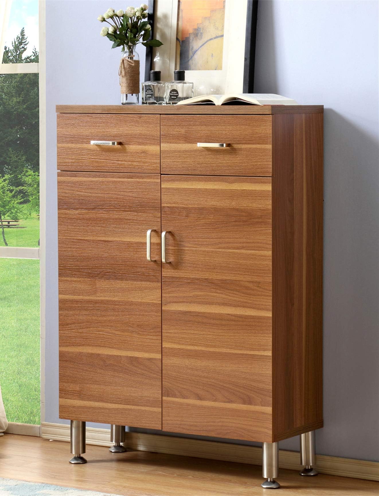 32" Modern Shoes Cabinet with Doors Wooden Entryway Shoe Storage Cabinet with 4 Shelves & 2 Drawers, Light Brown