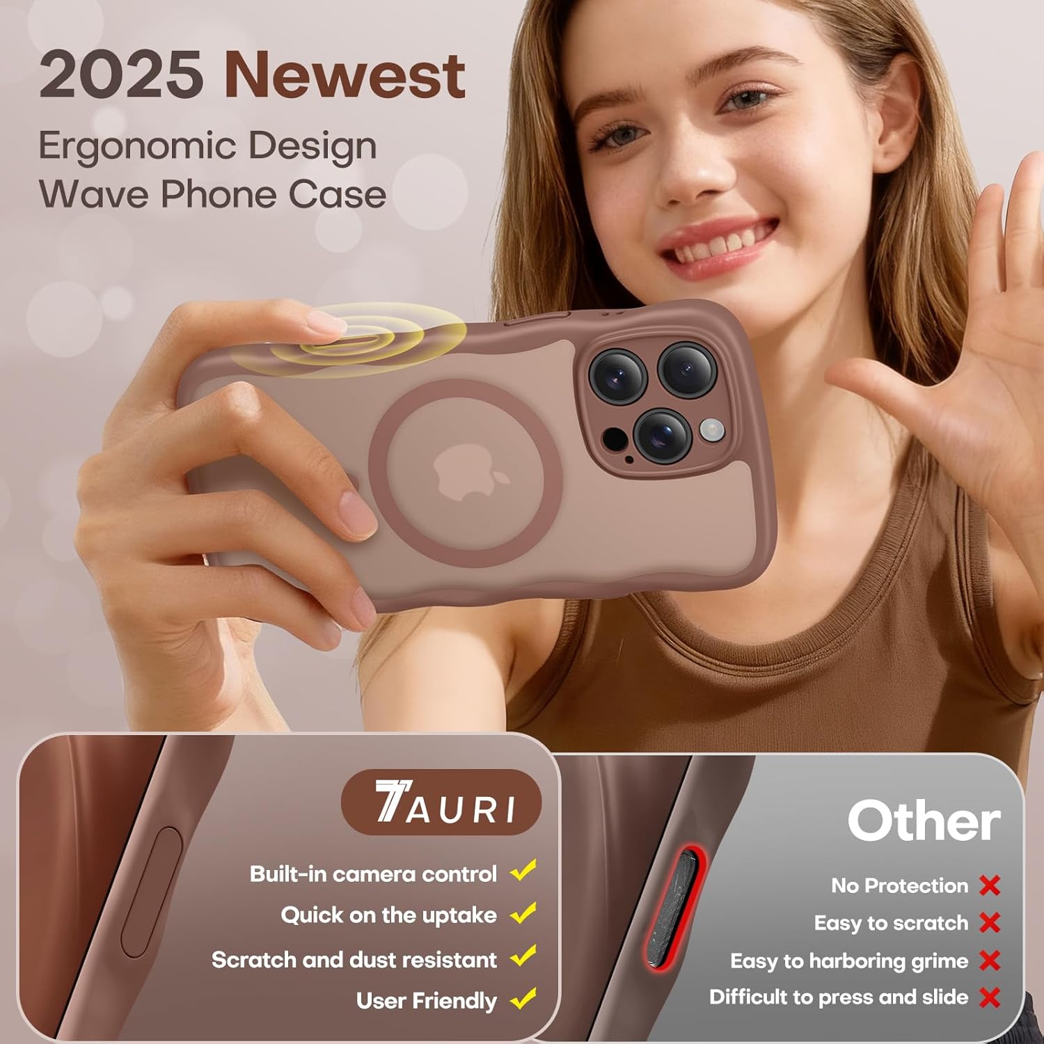 TAURI Magnetic for iPhone 16 Pro Case, Cute Wavy Design [Full Camera Protection] [Compatible with Magsafe] Anti-Slip Translucent Matte Case for iPhone 16 Pro for Women Girls, Desert Brown - Image 4