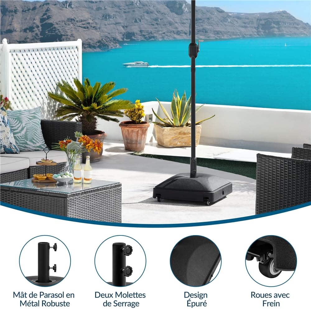 Yaheetech Pied de Parasol Carré à roulettes 37 L Remplissable d'eau Extérieur Base de Lestage pour Mât de 38 mm/48 mm Ø Patio Jardin Terrasse Piscine Restaurant Design Simple