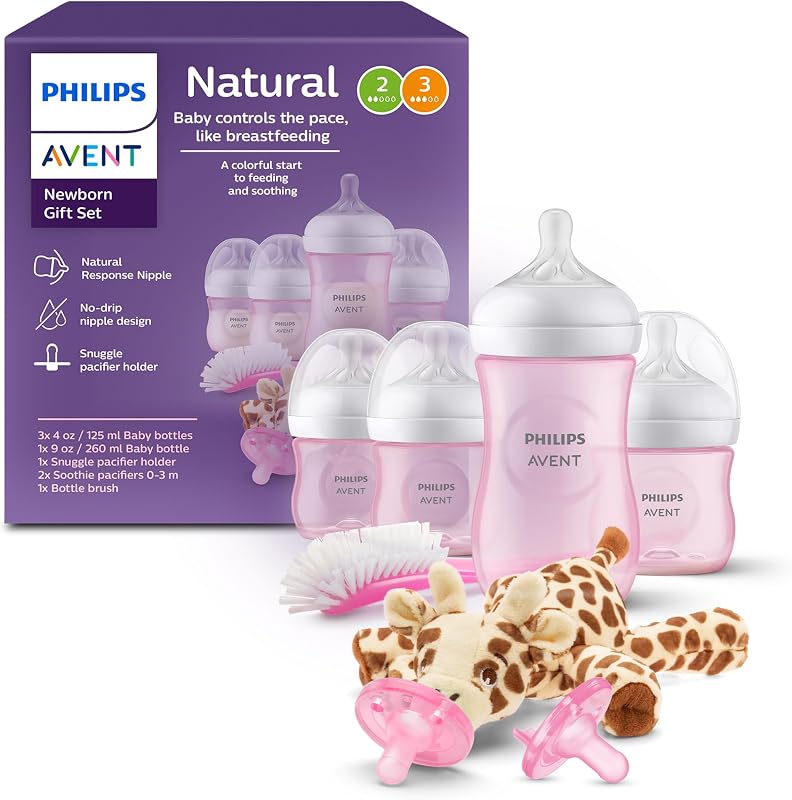 Set de regalo para bebé Philips Avent Natural Response - 4 biberones, chupetes calmantes | 3 biberones de 4 oz y 1 de 9 oz, 0-3 m+, 2 chupetes, respuesta natural, flujo controlado por el bebé, sin BPA, cepillo para biberón, SCD838/03