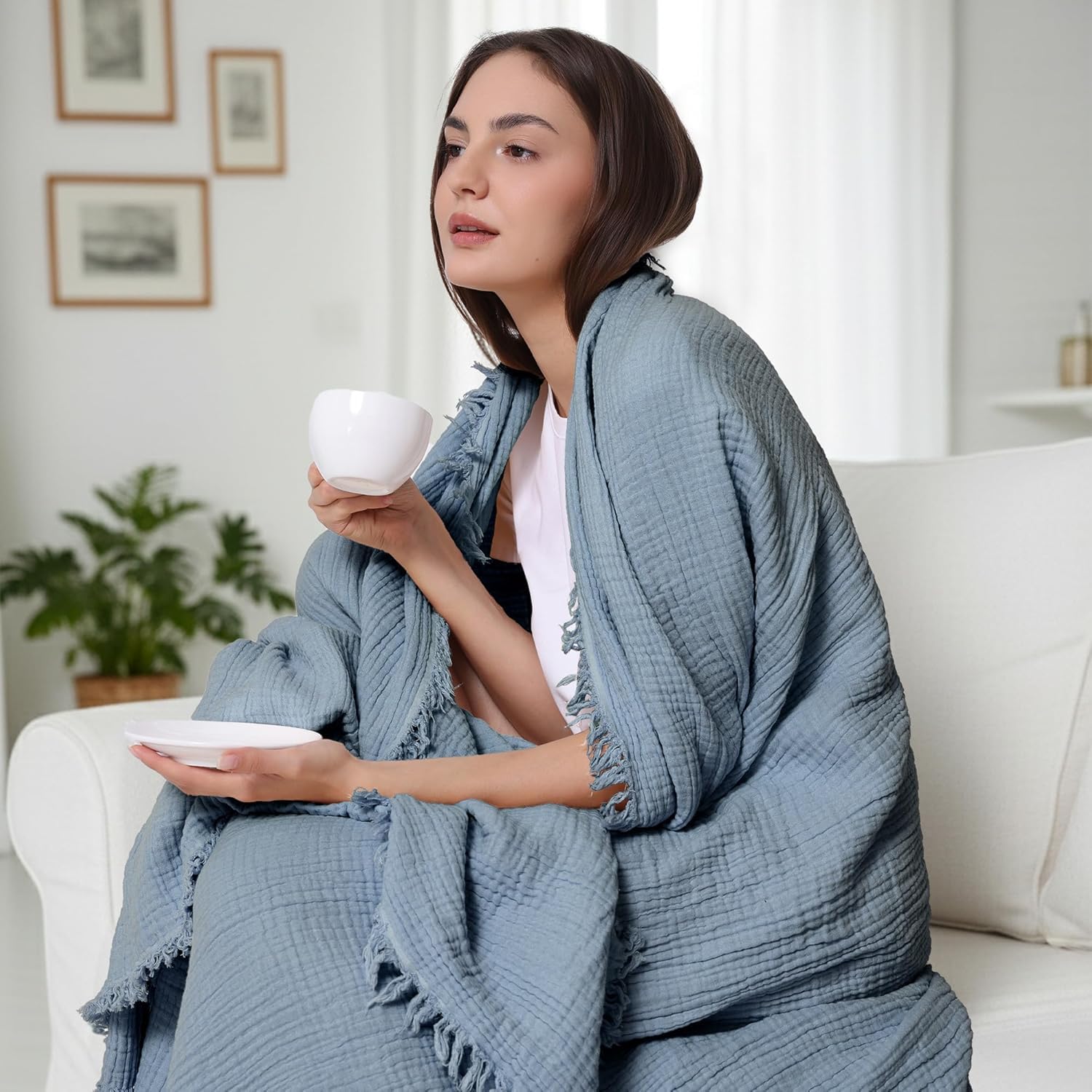 R.SHARE Coperta Mussole 100% Cotone per Adulti 130x150cm Coperta Cotone 4 Strati con Frange Traspirante Morbida Copriletto Estivo Matrimoniale Copridivano, Blu