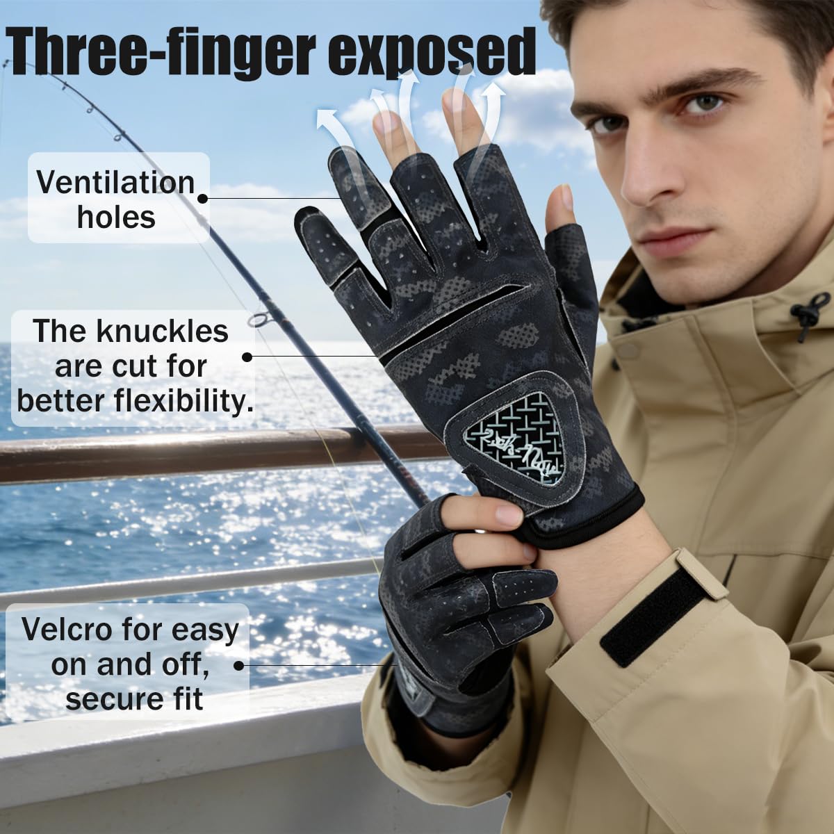 Guantes de Pesca Ciclismo Antideslizantes - Guantes Verano Medio Dedo Hombre Mujer, para Pesca, Caza, Senderismo (Mida la Circunferencia de la Palma Antes de ordenar)