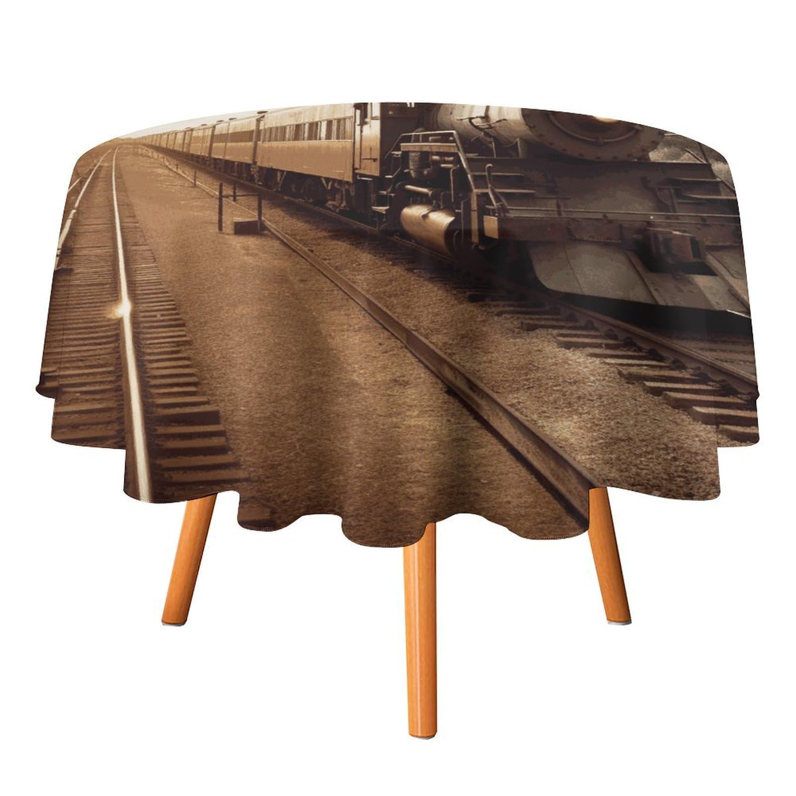 SMAZDFXX Train and Railway Tablecloth 50x50in Round Table Cloth Durable Polyester, Washable Stain Resistant Table Cover for Indoor Outdoor (Picnic, Dining, Party)