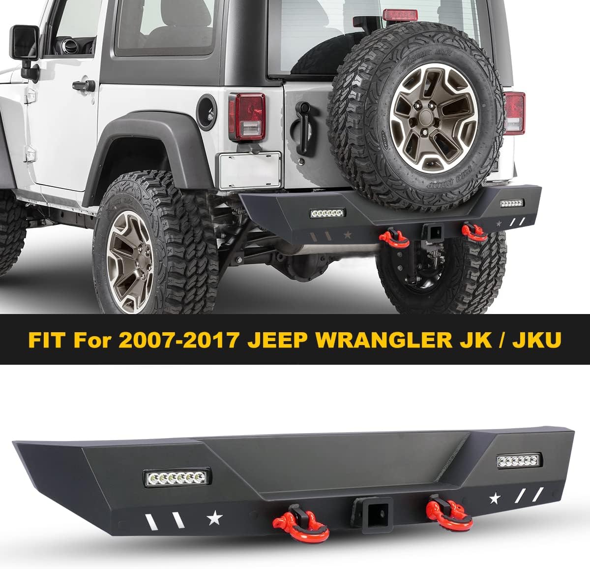 Rear Bumper for Jeep 2007-2018 Wrangler JK/JKU Unlimited, Hawkley Offroad Steel Bumper with 2X Fog Lights & Hitch Receiver & 2x D-ring For Jeep Wrangler 07-18 JK Wrangler Rubicon Sport