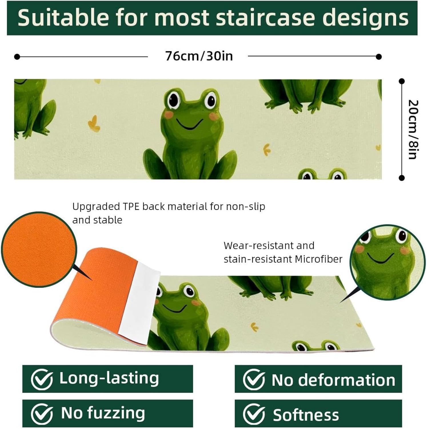 15 Pack Cute Frog Carpet Stair Treads for Wooden Steps Indoor, Slip Resistant Stair Rug Staircase Step Treads Pads for Pet, Kids and Elderly