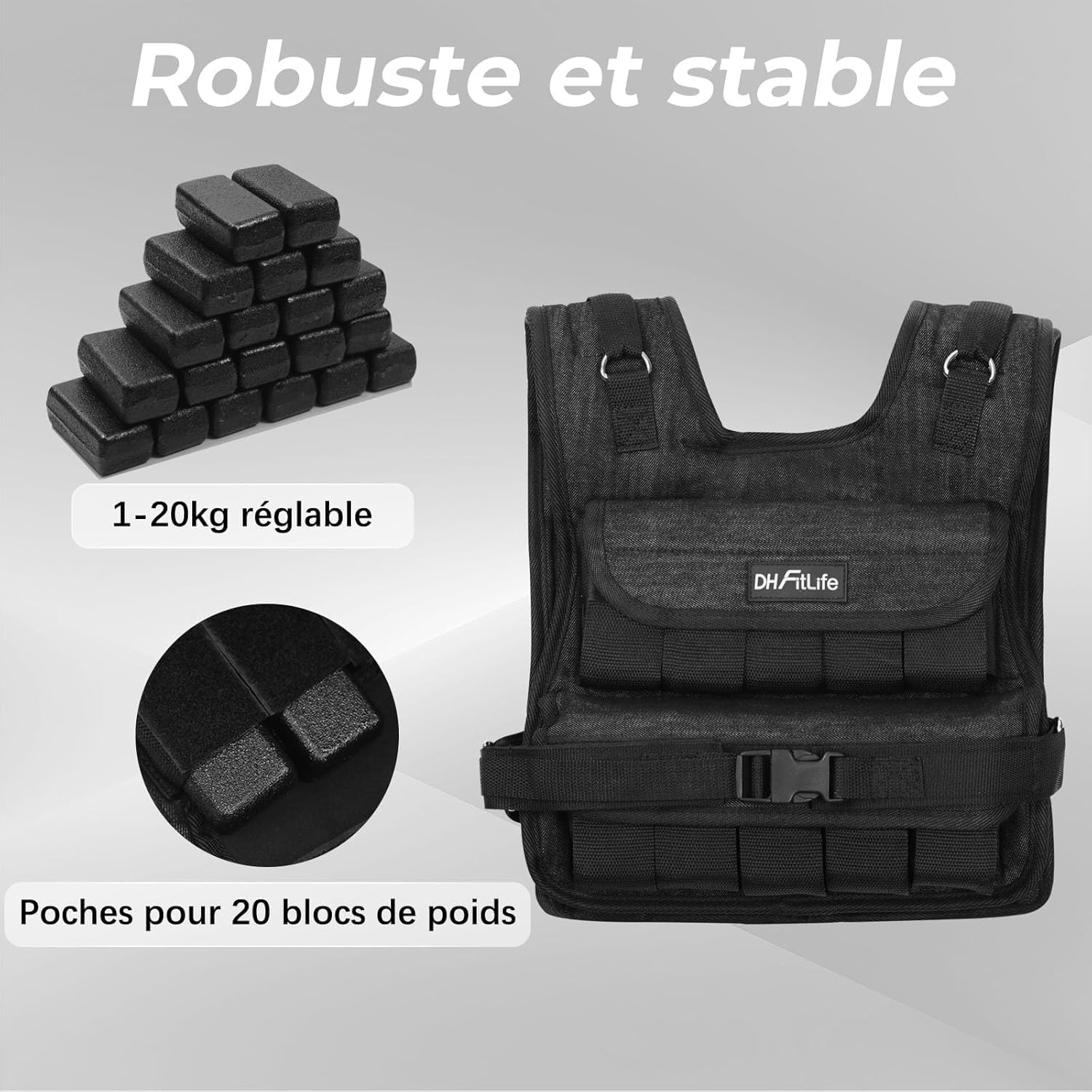 DH FitLife Gilet Lesté Réglable 10kg/20kg, Veste de Course Compacte