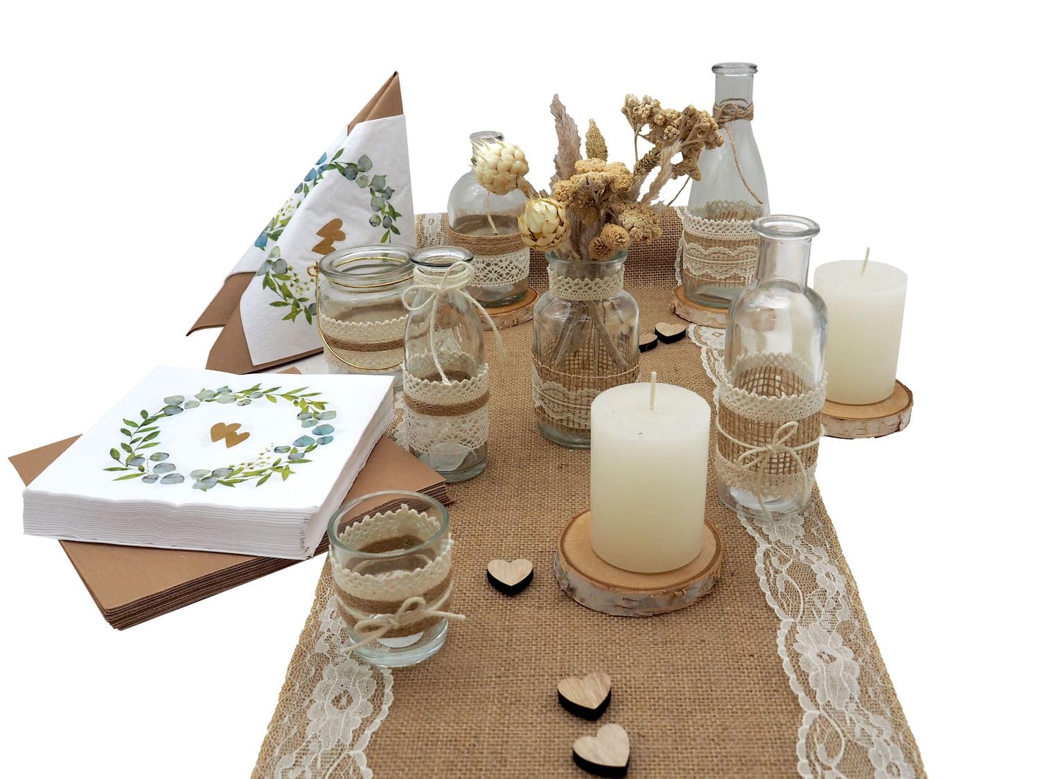 ZauberDeko Tischdeko Herz Gold Eukalyptus Holz Creme Natur Braun Spitze Hochzeit 20 Personen