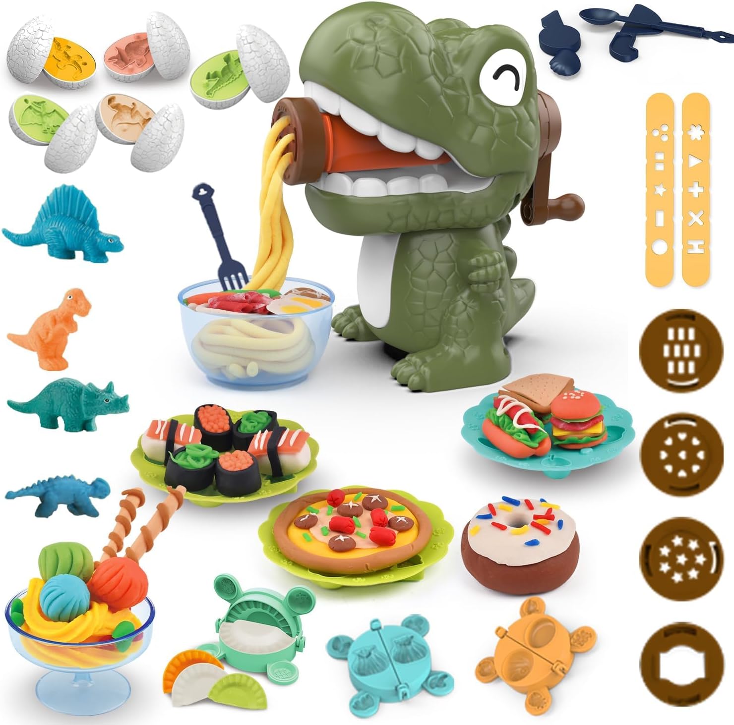 36pcs Playdough Sets for Kids 2,3,4,5,6 years old, Dinosaur Noodle Maker Toy, Playdoh Set with Dinosaur Model Eggs, Kitchen Toy Playdough Clay for Making Noodle Cookies, Gift for Girls Boys
