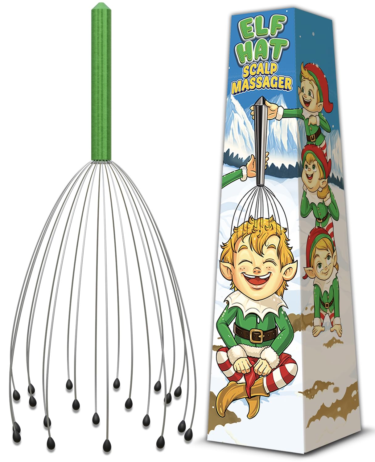 Scalp Massager in Christmas Gift Box - Mens Stocking Stuffers for Adults 2024. Secret Santa White Elephant Gift Ideas. Elf Hat Theme 20 Prong Head Scratcher Women Teens Him Her Girls Boy