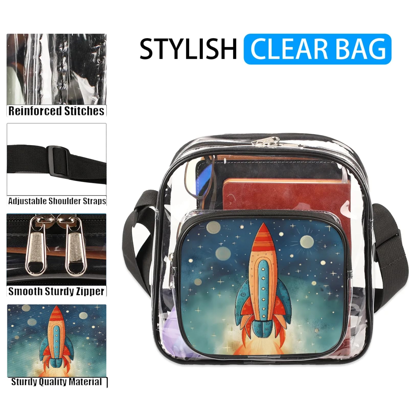 Clear Crossbody Bag Stadium Approved Cartoon Rocket Transparent Bag for Festivals, Sports Events, Concerts,Beach Bag for Women Men Clear Purse with Front Pocket Messenger Bag with Adjustable Strap