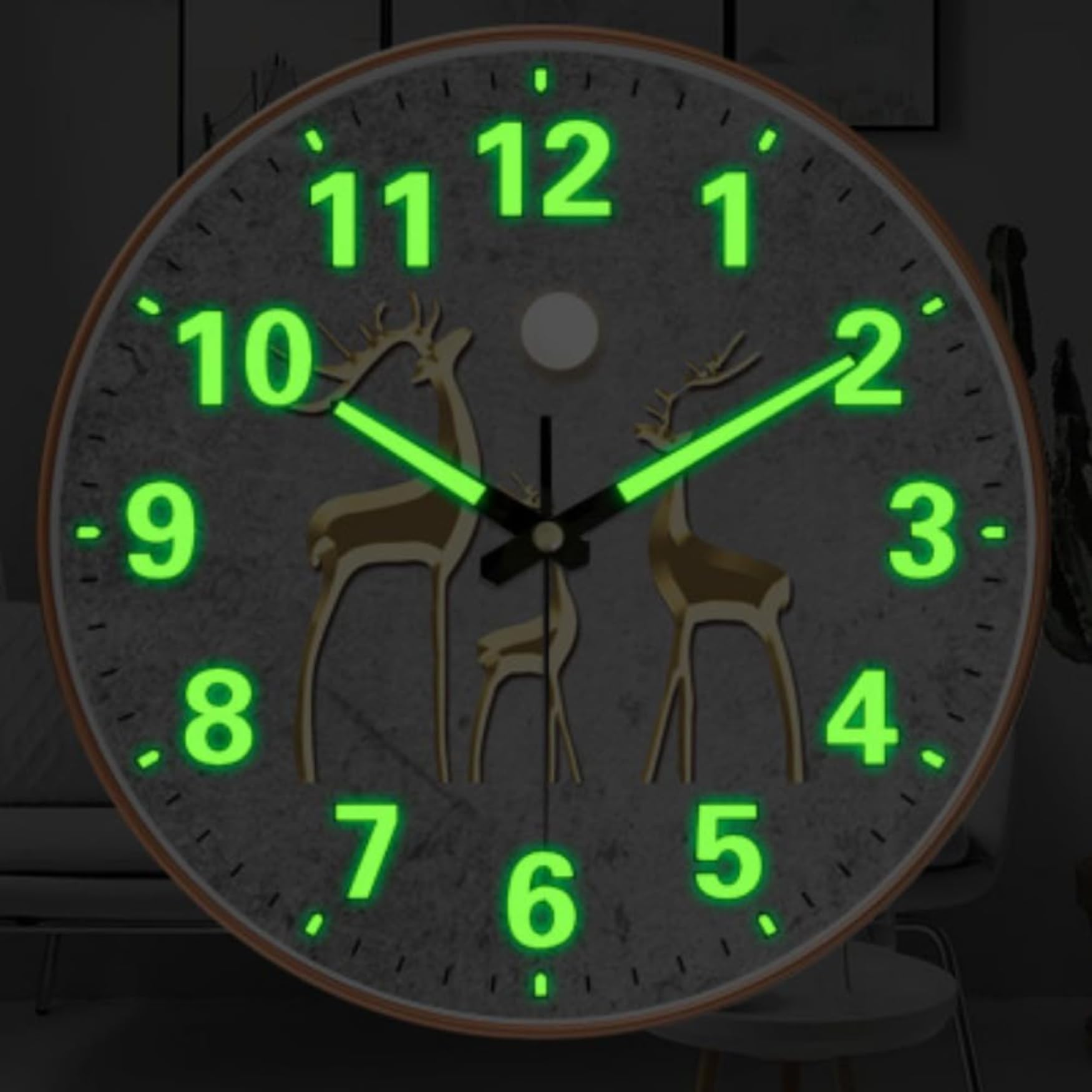 Ash & Roh Radium Wall Clock with Silent Sweep Movement-30 CM | Glow-in-The-Dark 3D Numbers | Decorative Wall Clock for Home, Livingroom, Bedroom & Office | (Radium Deer)-picture-10